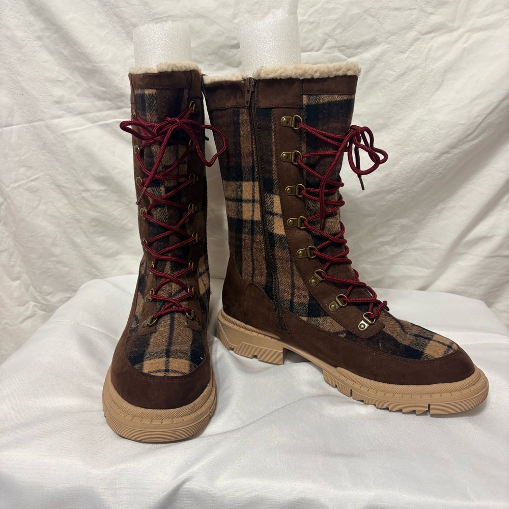 Hayleigh Lace-Up Winter Boots in a brown plaid pattern.